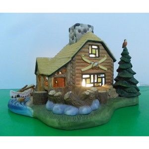 Partylite GONE FISHIN' Ceramic Log Cabin Lodge Tealight Candle Holder P7305